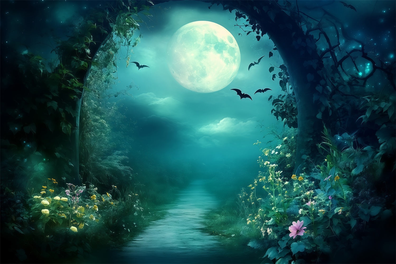 Night Forest Backdrop Midnight Blossom Path Backdrop UK MRR7-99