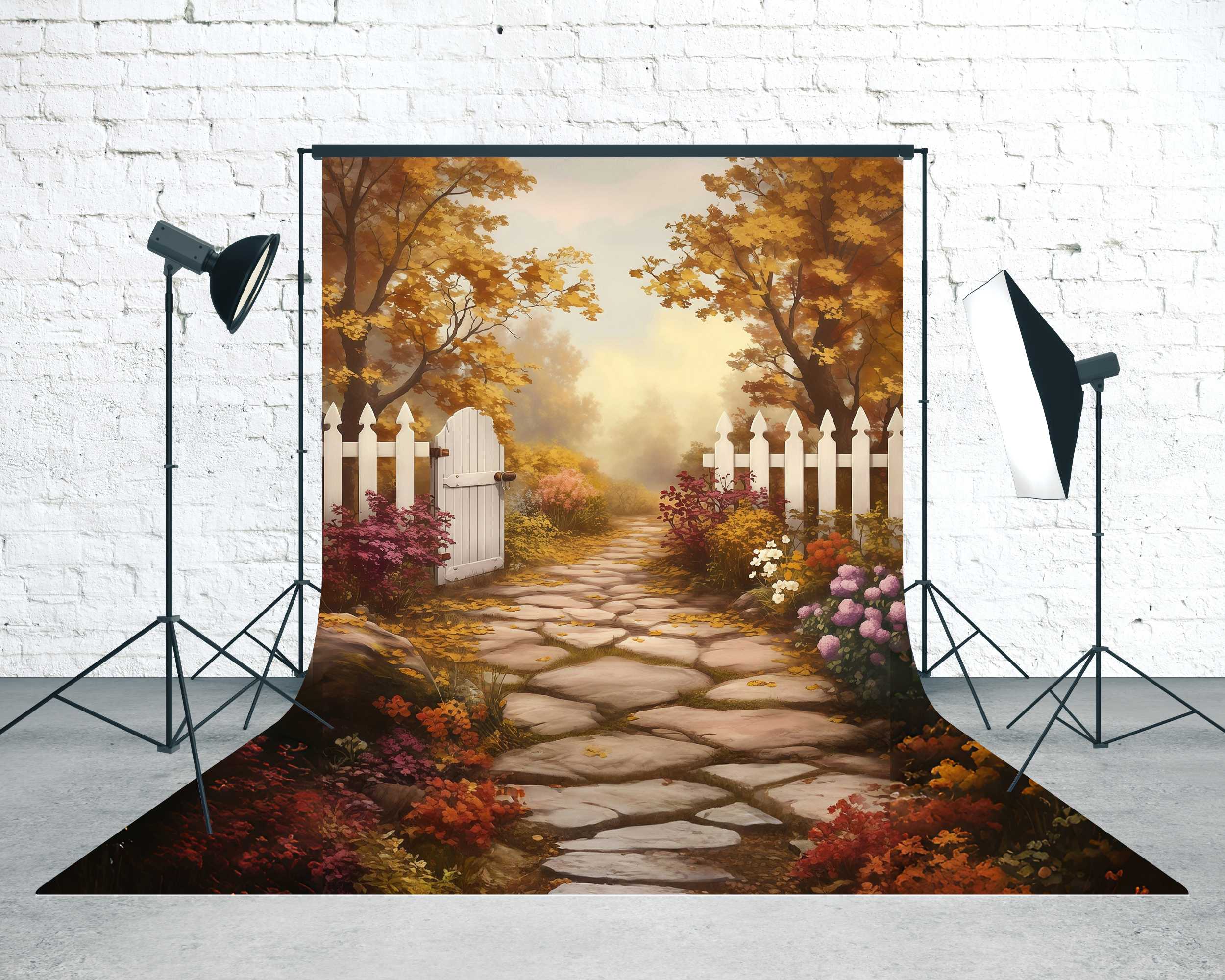 Fall Backdrops White Fence Garden Pathway Sweep Backdro UK MRR8-100