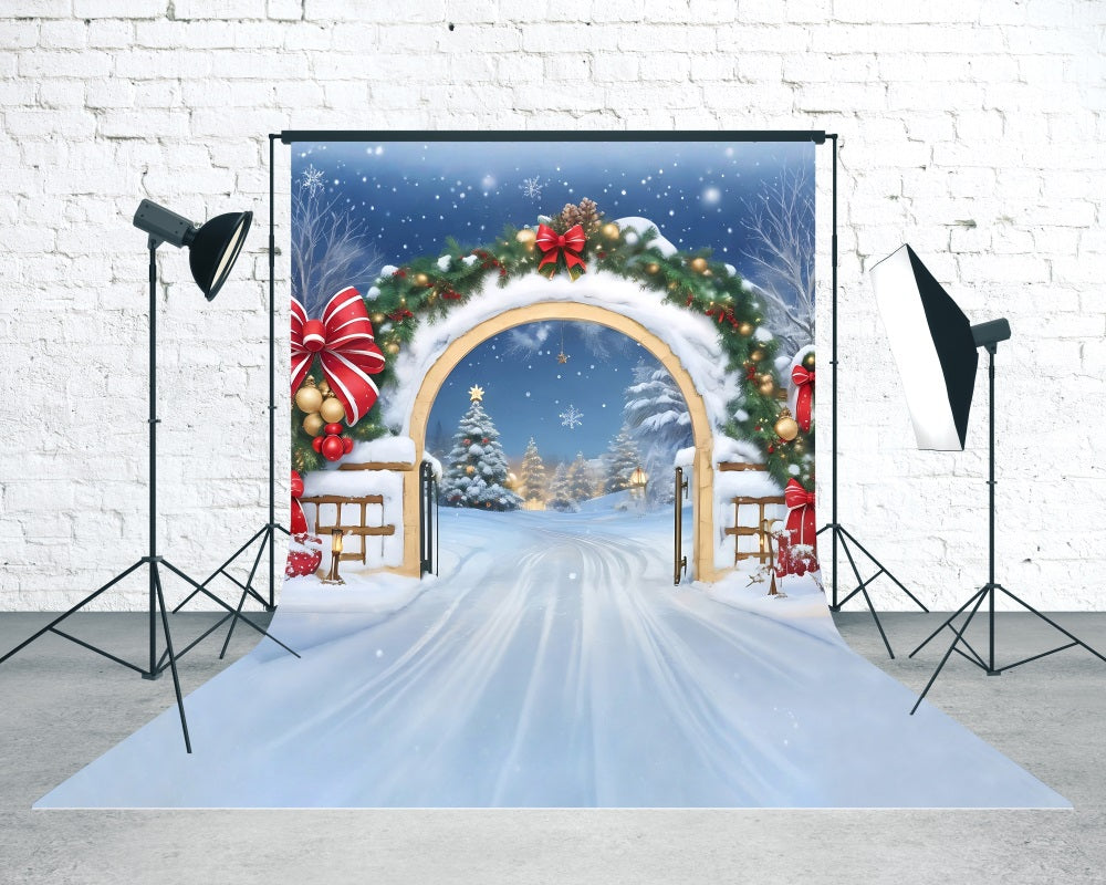 Holiday Backdrop Falling Snow Red Bow Arch Christmas Backdrops for Photography UK MRR8-105