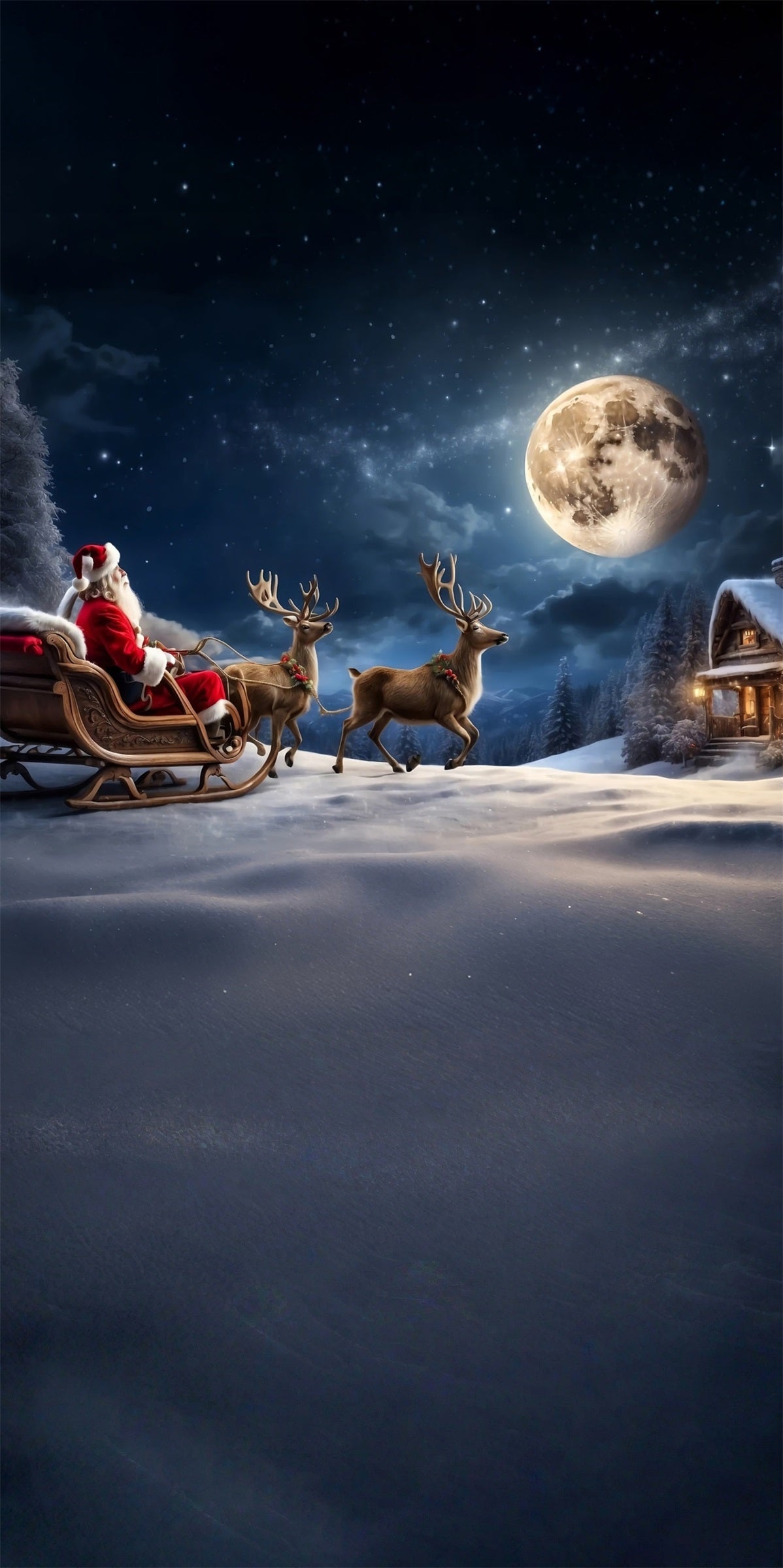 Christmas Village Backdrop Reindeer Sleigh Santa Claus Moonlit Night Christmas Photo Backdrops UK MRR8-106