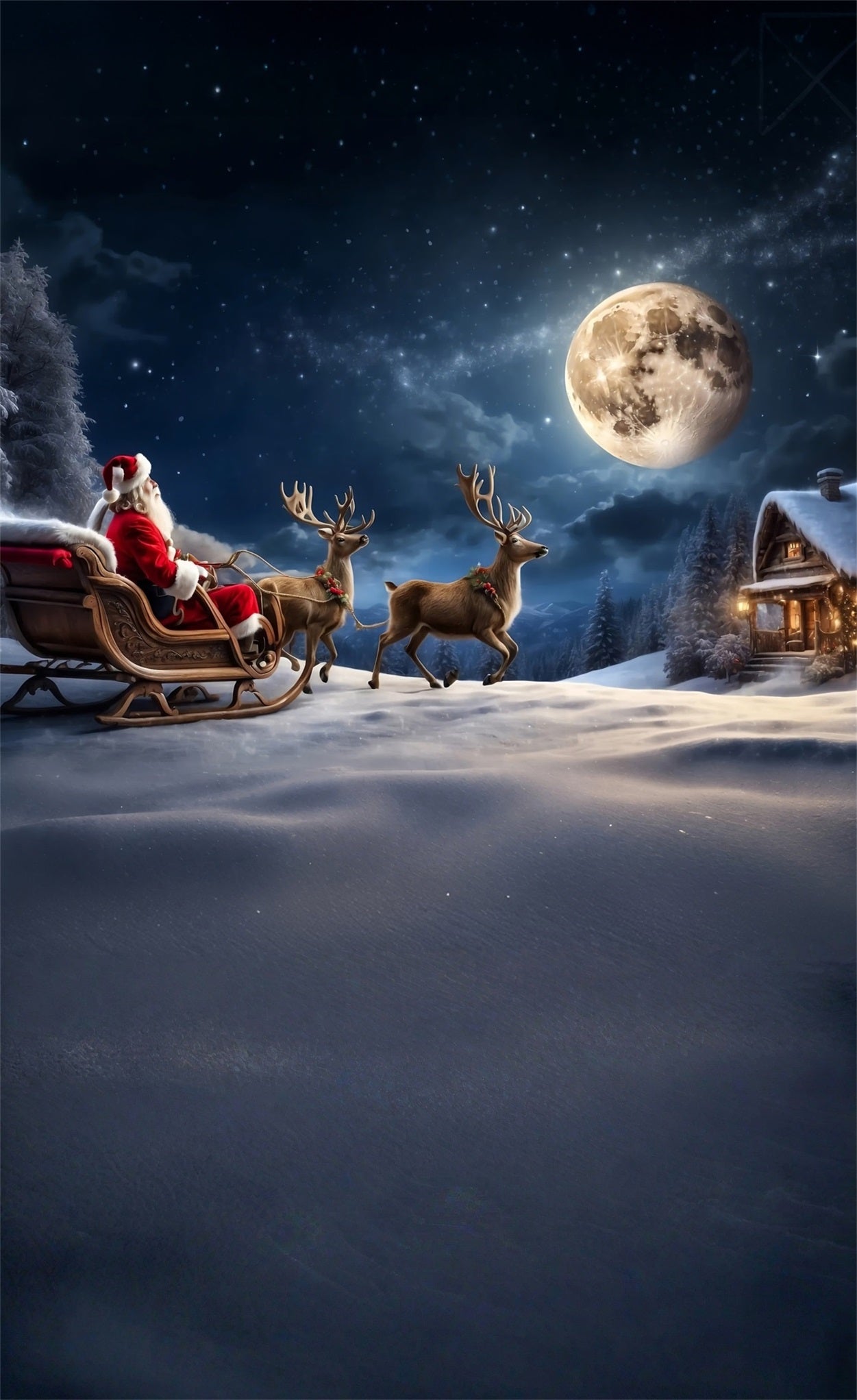 Christmas Village Backdrop Reindeer Sleigh Santa Claus Moonlit Night Christmas Photo Backdrops UK MRR8-106