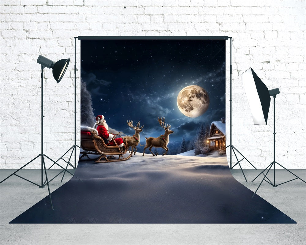 Christmas Village Backdrop Reindeer Sleigh Santa Claus Moonlit Night Christmas Photo Backdrops UK MRR8-106