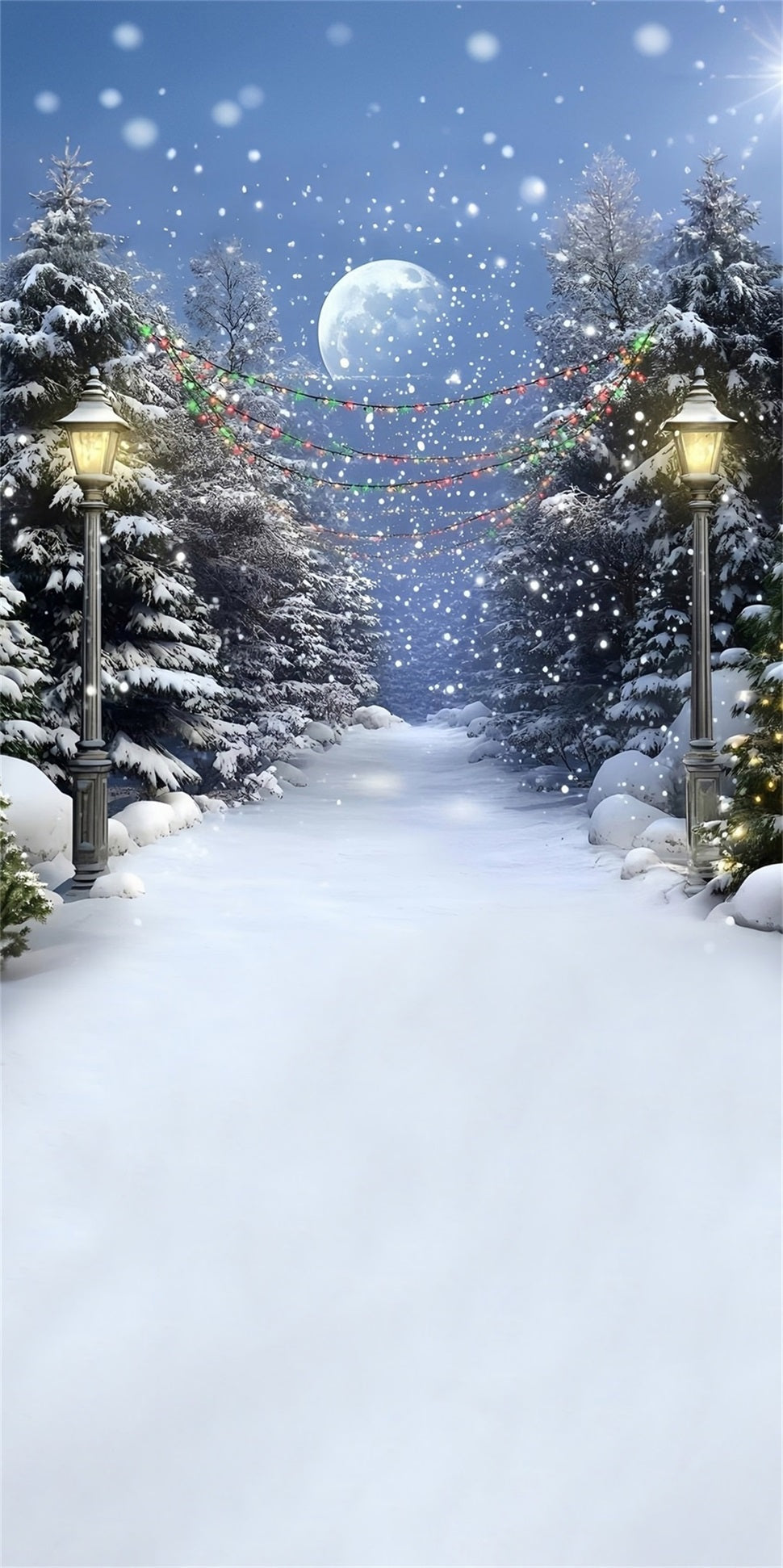 Christmas Tree Farm Backdrop Snowy Night Colored Lights Cedar Trail Christmas Backdrop UK MRR8-116