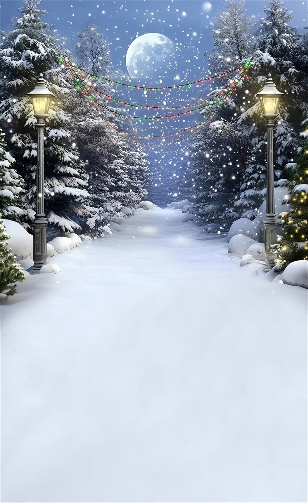Christmas Tree Farm Backdrop Snowy Night Colored Lights Cedar Trail Christmas Backdrop UK MRR8-116