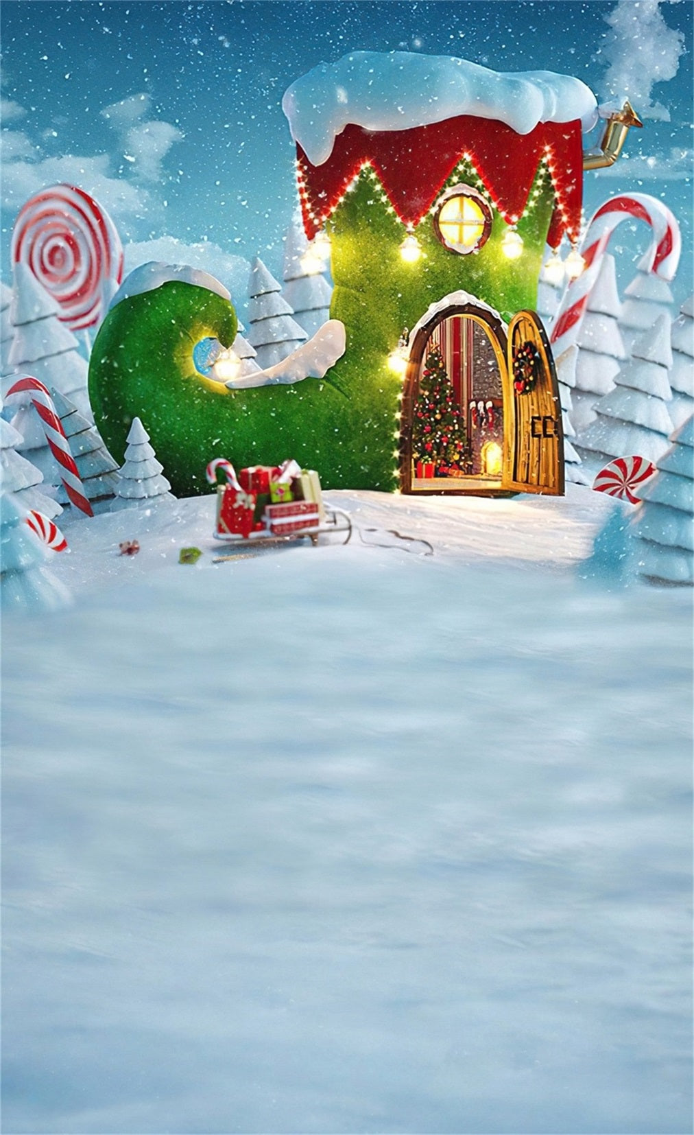 Holiday Backdrop Fairytale Green Boots Cottage Christmas Backdrops UK MRR8-117