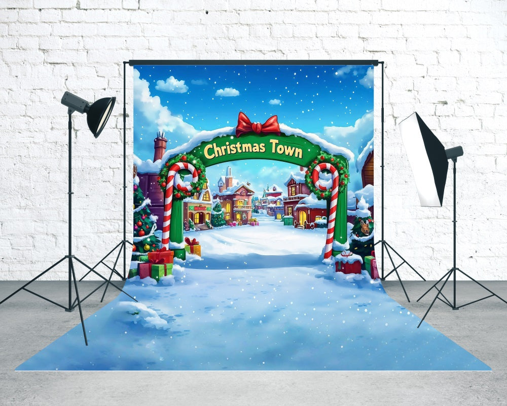 Christmas Village Backdrop Christmas Town Entrance Candy Gate Christmas Photo Backdrop UK MRR8-118