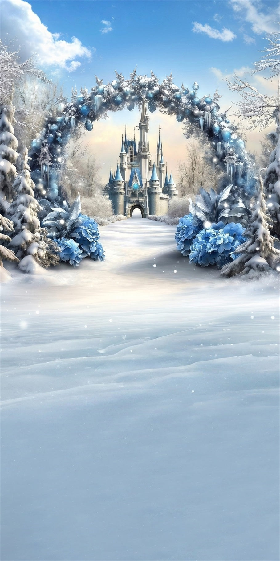 White Christmas Backdrop Castle Entrance Blue Flower Arch Christmas Backdrop for Photos UK MRR8-119