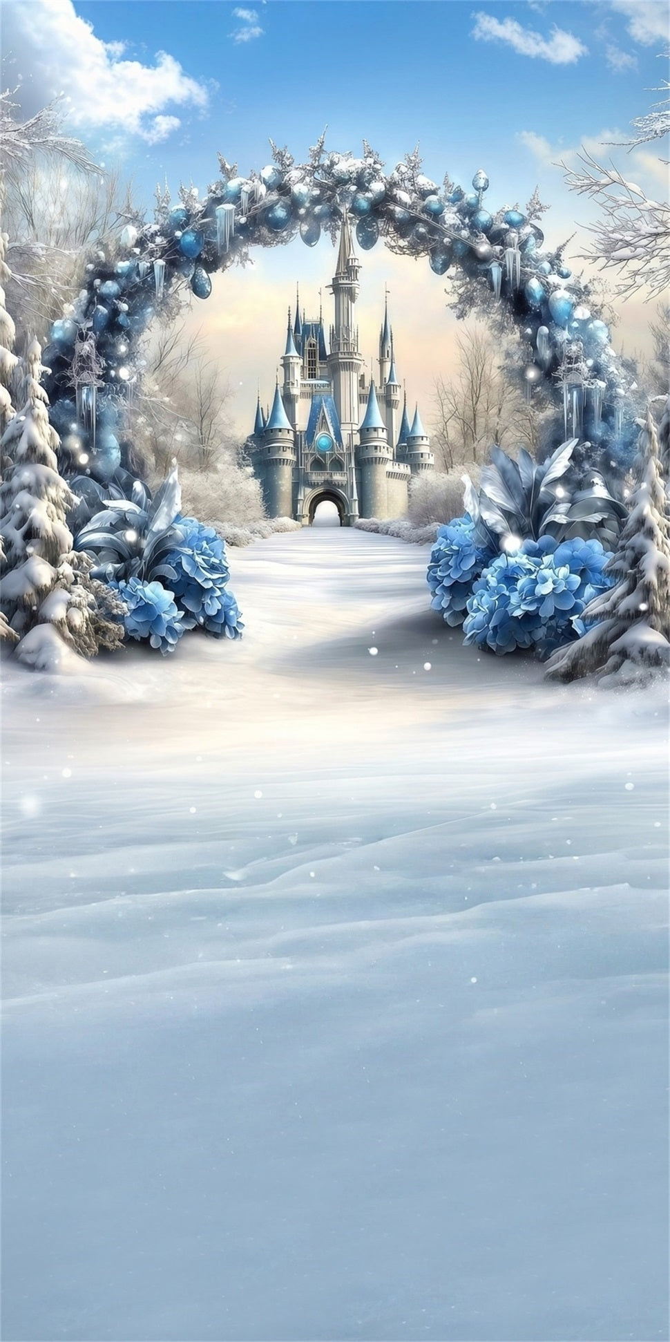 White Christmas Backdrop Castle Entrance Blue Flower Arch Christmas Backdrop for Photos UK MRR8-119
