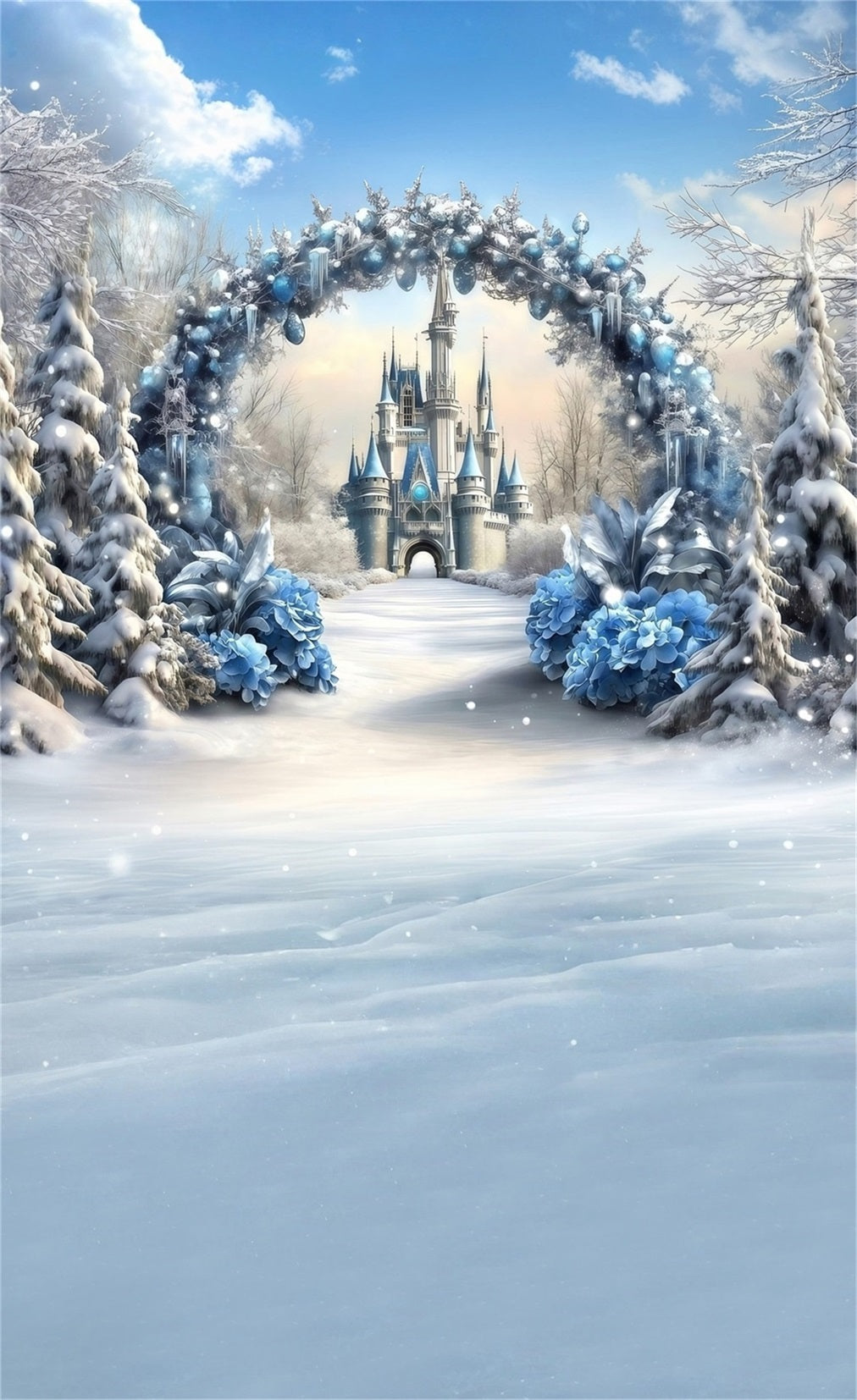 White Christmas Backdrop Castle Entrance Blue Flower Arch Christmas Backdrop for Photos UK MRR8-119