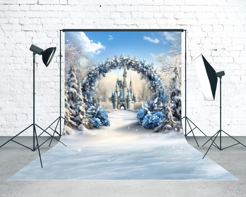 White Christmas Backdrop Castle Entrance Blue Flower Arch Christmas Backdrop for Photos UK MRR8-119