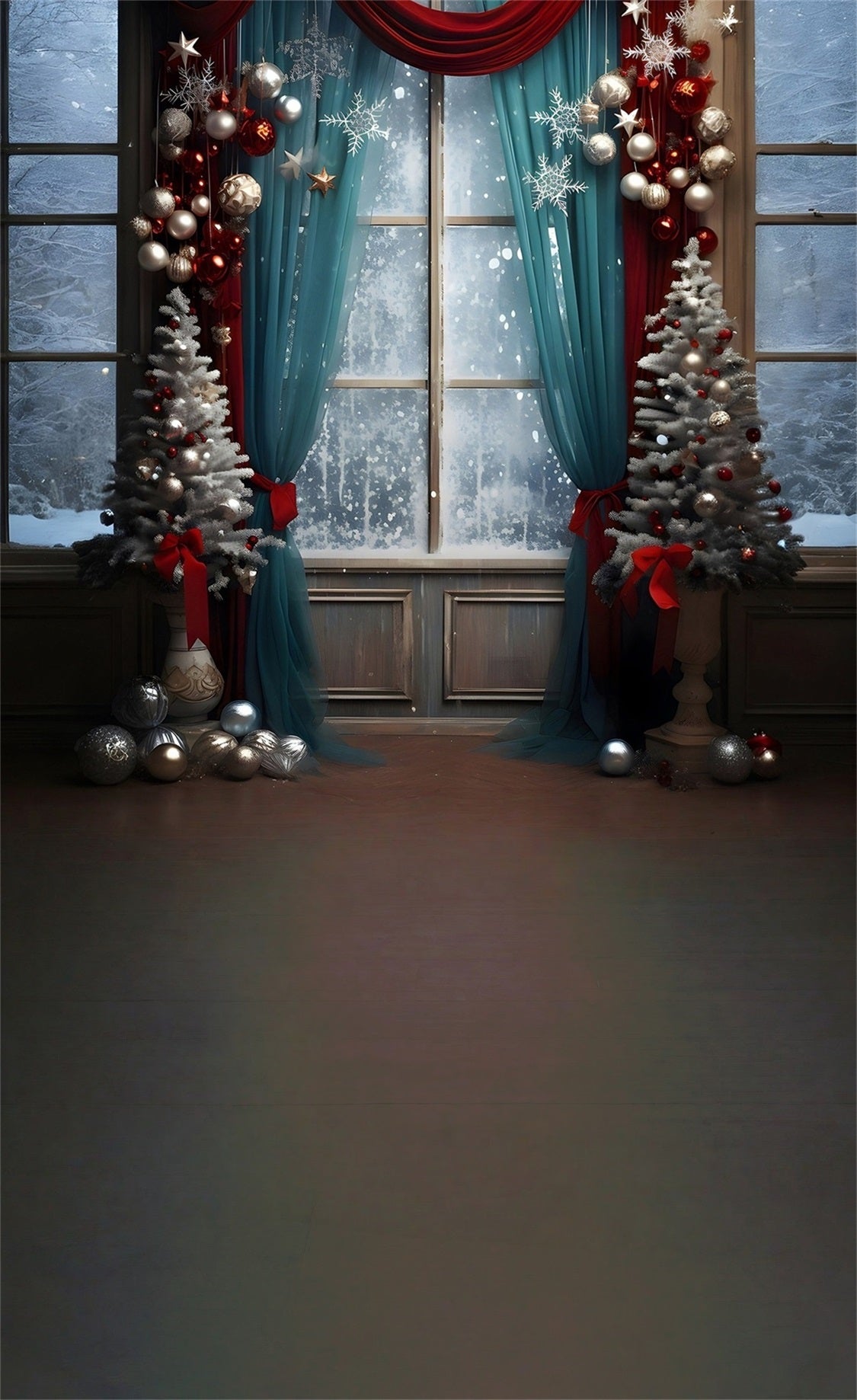 Christmas Backdrop Photography Blue Screen Curtains Snowy Glass Window Christmas Photo Backdrops UK MRR8-121