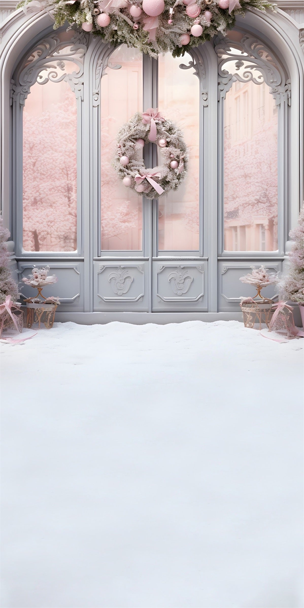 Pink Christmas Backdrop Pink Christmas Wreath Glass Door Backdrop Christmas UK MRR8-124