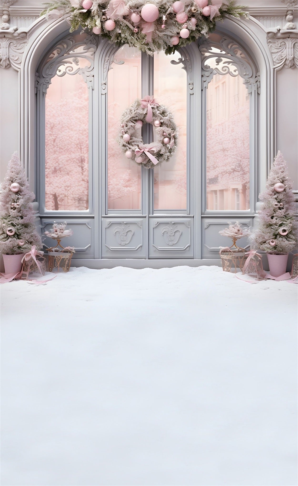 Pink Christmas Backdrop Pink Christmas Wreath Glass Door Backdrop Christmas UK MRR8-124