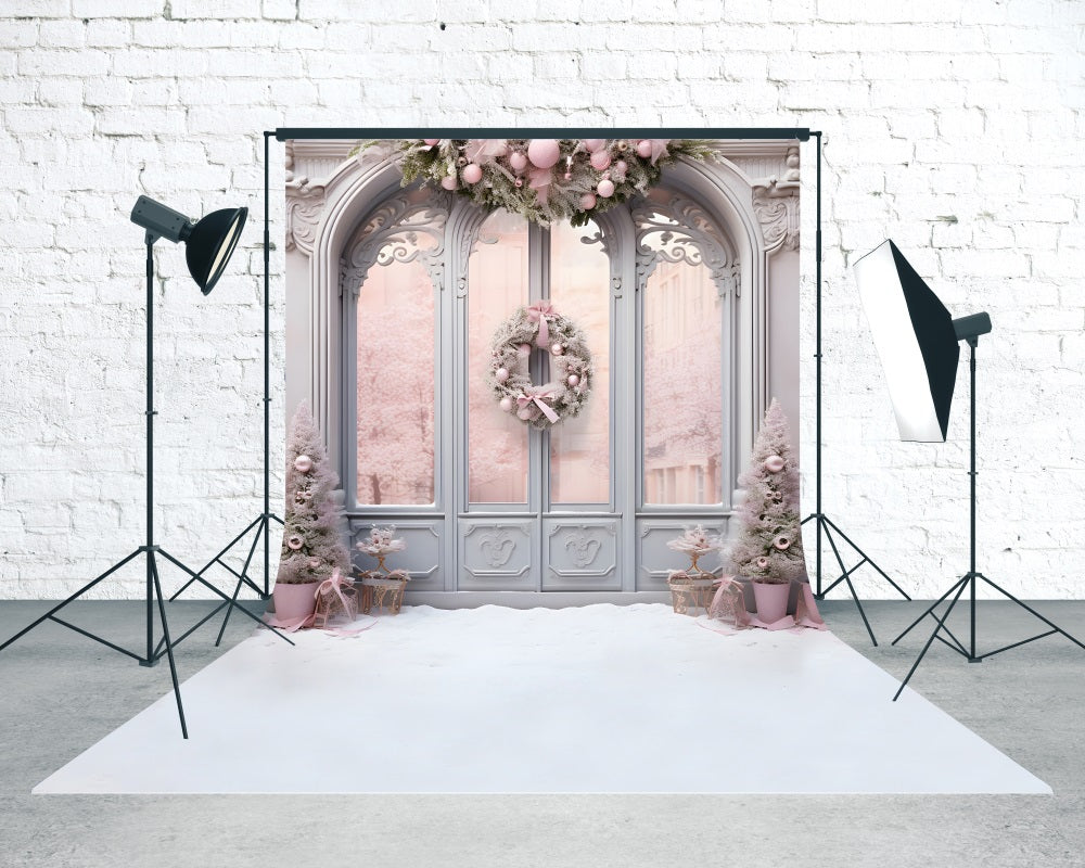 Pink Christmas Backdrop Pink Christmas Wreath Glass Door Backdrop Christmas UK MRR8-124