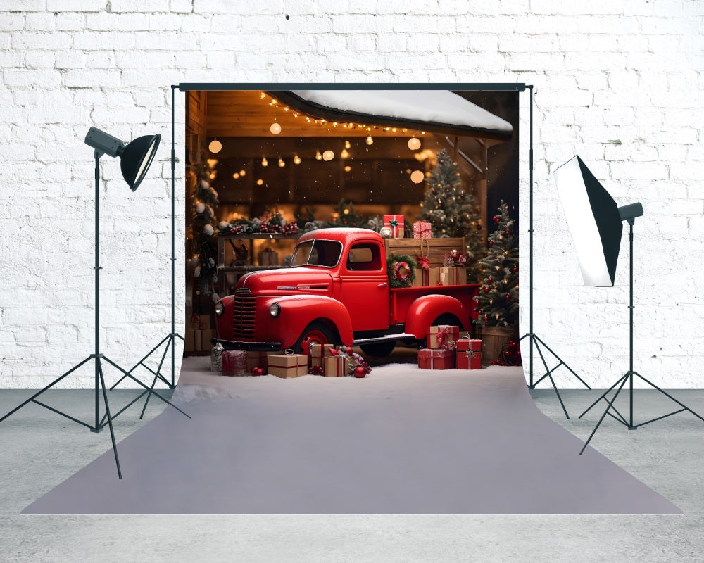 Red Christmas Backdrop Modern Vintage Red Gift Truck Under Eaves Christmas Backdrop ideas UK MRR8-127