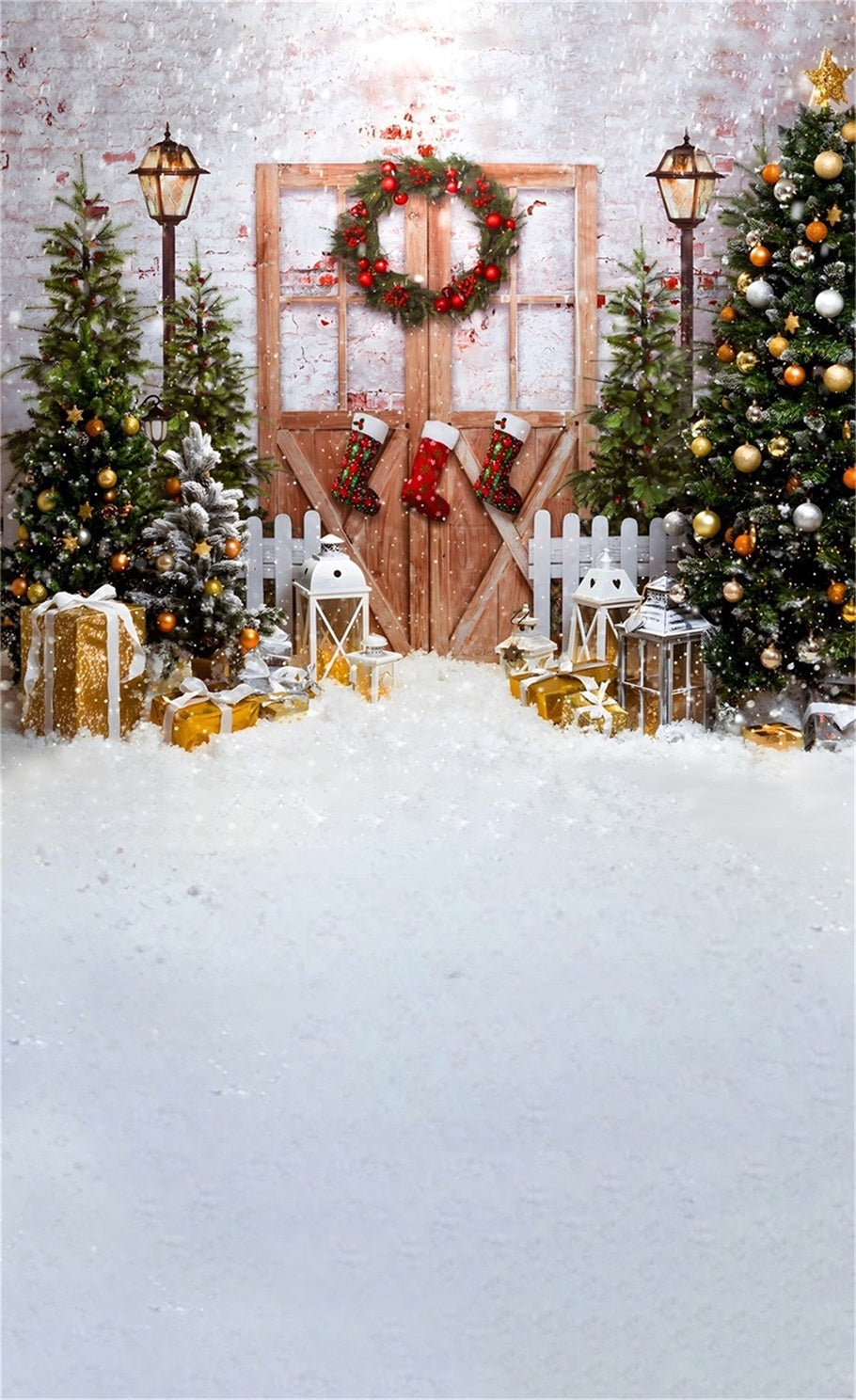 Christmas Tree Backdrop Classic Snowy Christmas Wooden Door Christmas Backdrops for Photos UK MRR8-128