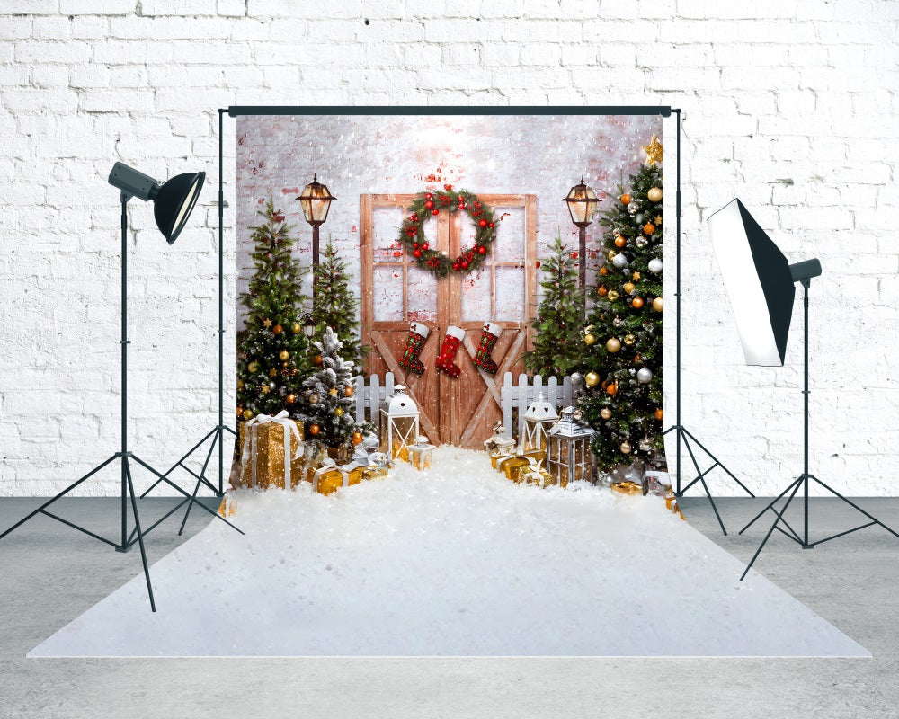 Christmas Tree Backdrop Classic Snowy Christmas Wooden Door Christmas Backdrops for Photos UK MRR8-128
