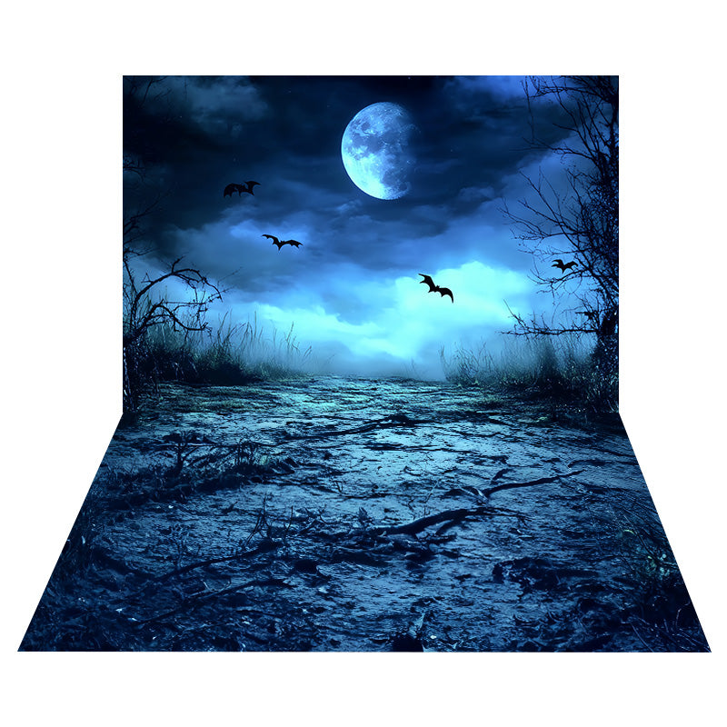 Halloween Moonlit Bat Sky Backdrop+Muddy Ground Floor Backdrop UK MRR8-134
