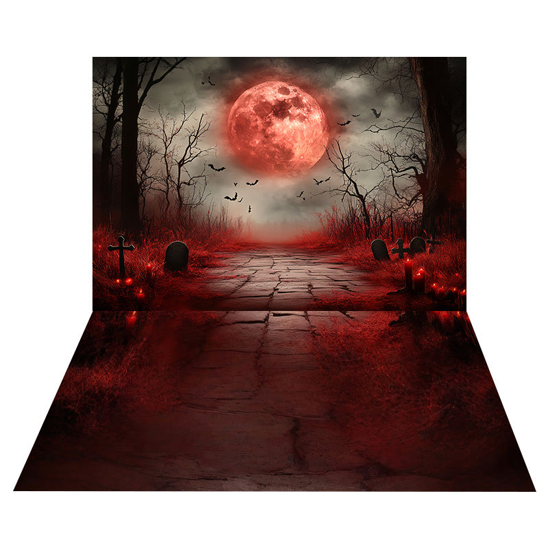 Halloween Moon Graveyard Backdrop+Red Cracked Stone Floor Backdrop UK MRR8-139