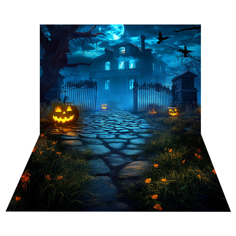 Pumpkin Lantern Mansion Backdrop+Moonlit Flower Stone Floor Backdrop UK MRR8-141