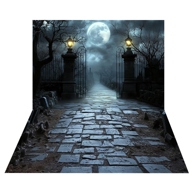Cemetery Gate Moonlight Backdrop+Brick Stone Floor Backdrop UK MRR8-145