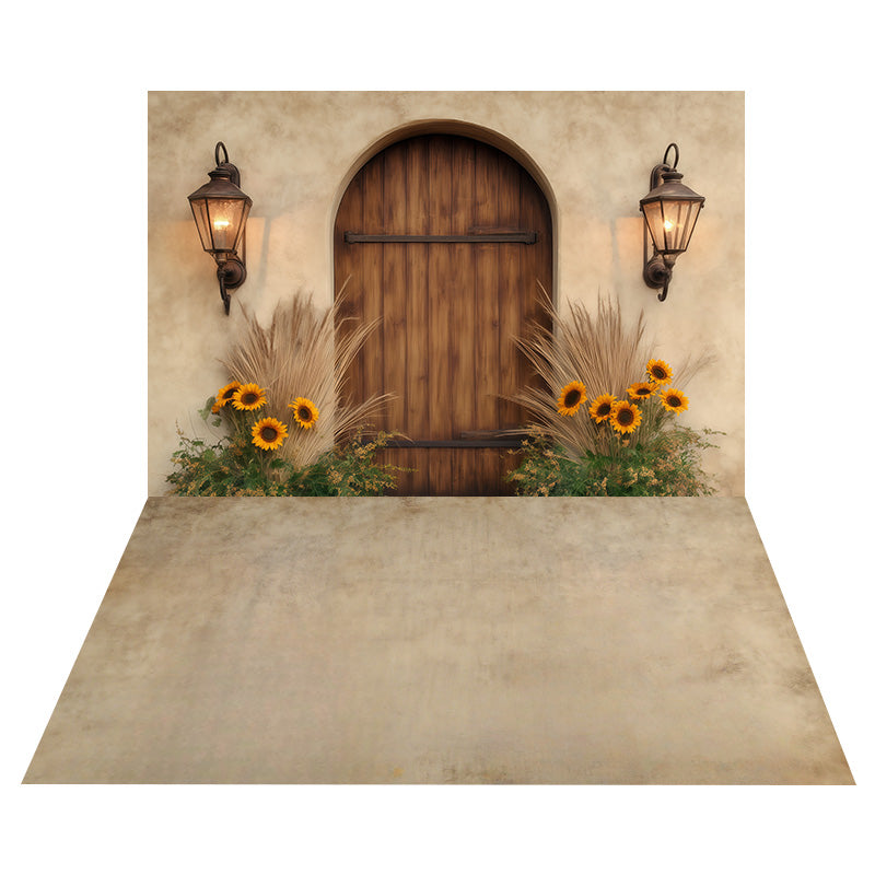 Rustic Door Sunflowers Backdrop+Vintage Beige Texture Floor Backdrop UK MRR8-151
