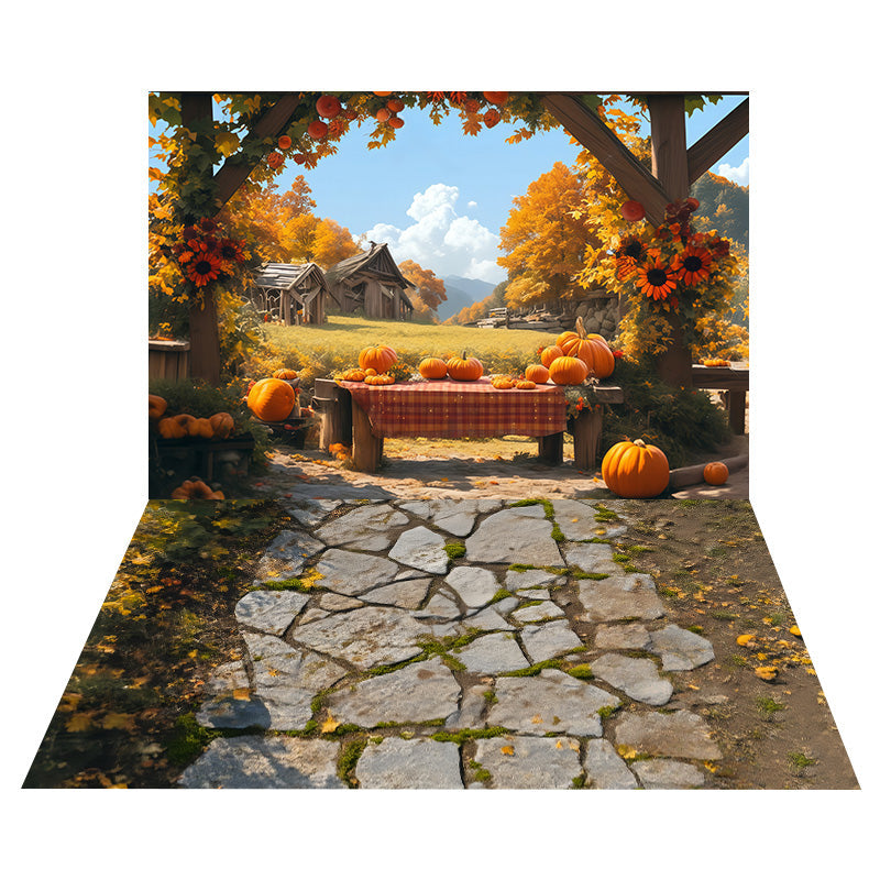 Pumpkin Harvest Table Backdrop+Mossy Stone Path Floor Backdrop UK MRR8-152