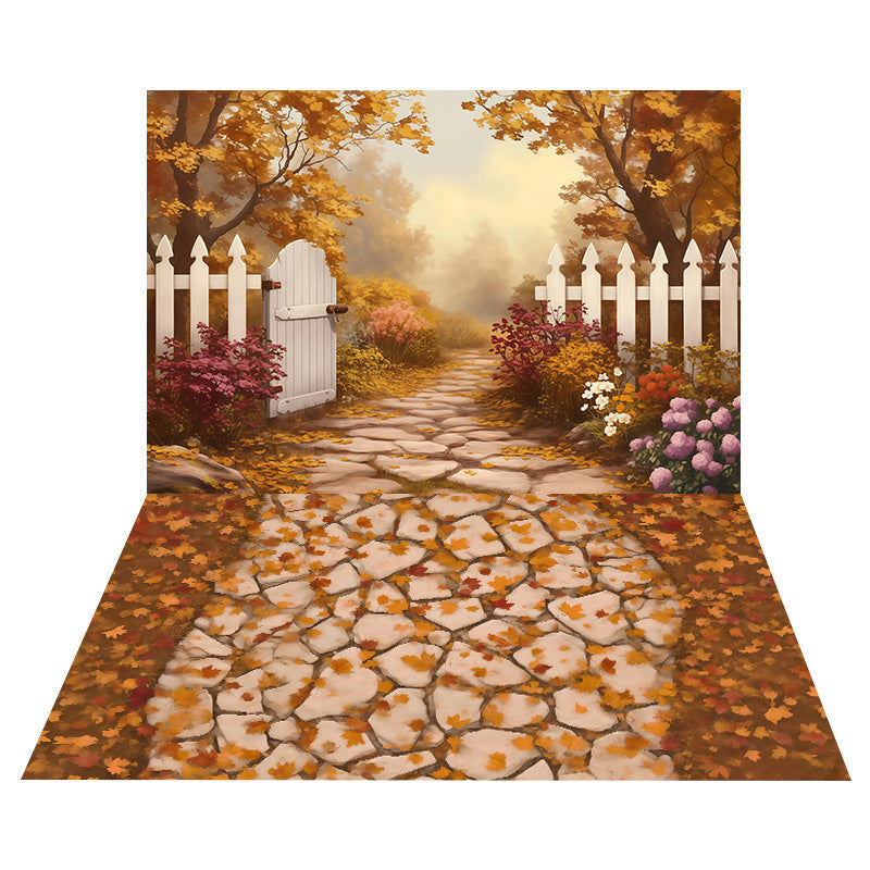 White Fence Pathway Backdrop+Fallen Maple Stone Floor Backdrop UK MRR8-154