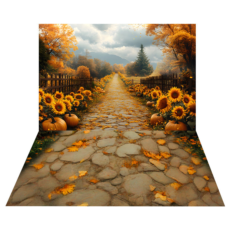 Sunflower Pumpkin Path Backdrop+Golden Petals Stone Floor Backdrop UK MRR8-158