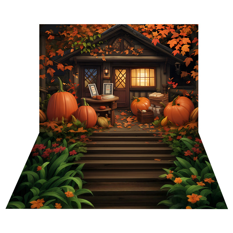 Pumpkin Cottage Porch Backdrop+Wooden Stair Garden Floor Backdrop UK MRR8-163