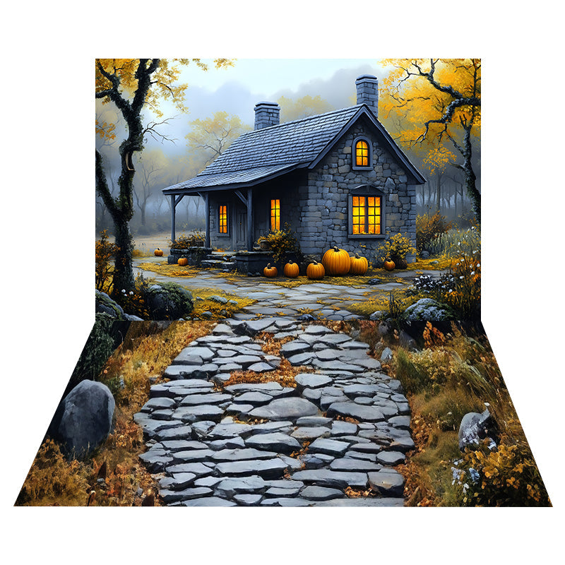 Pumpkin Stone Cabin Backdrop+Autumn Rock Trail Floor Backdrop UK MRR8-165