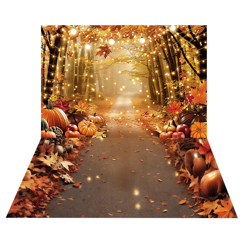 Golden Forest Lights Backdrop+Autumn Leaves Pumpkins Floor Backdrop UK MRR8-167
