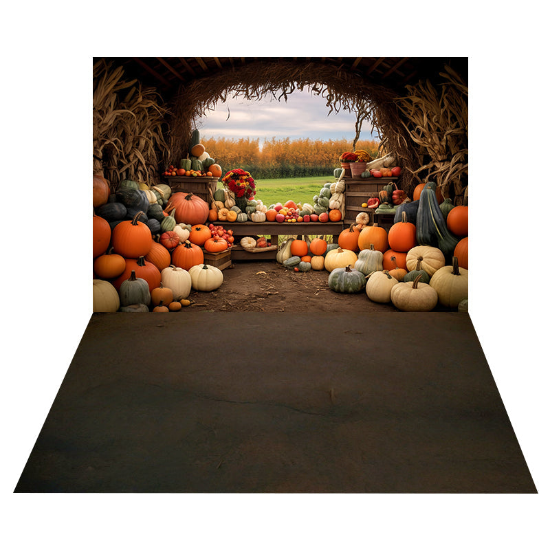 Rustic Pumpkin Barn Backdrop+Rustic Brown Earth Floor Backdrop UK MRR8-170
