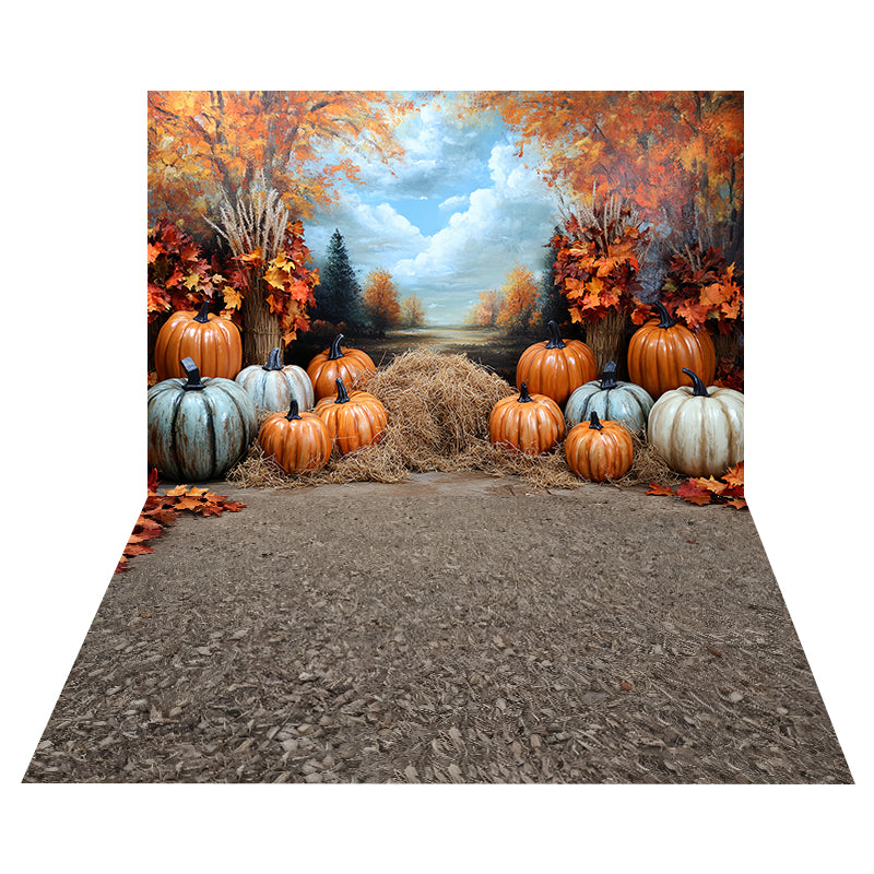Pumpkin Harvest Path Backdrop+Autumn Hay Rustic Floor Backdrop UK MRR8-171