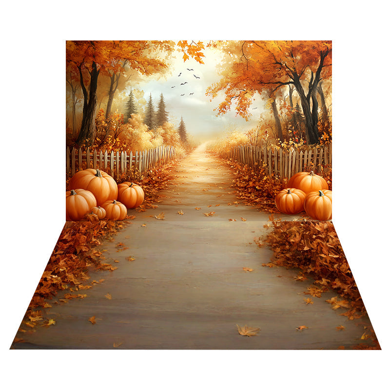 Golden Autumn Road Backdrop+Fall Leaves Wood Floor Backdrop UK MRR8-172