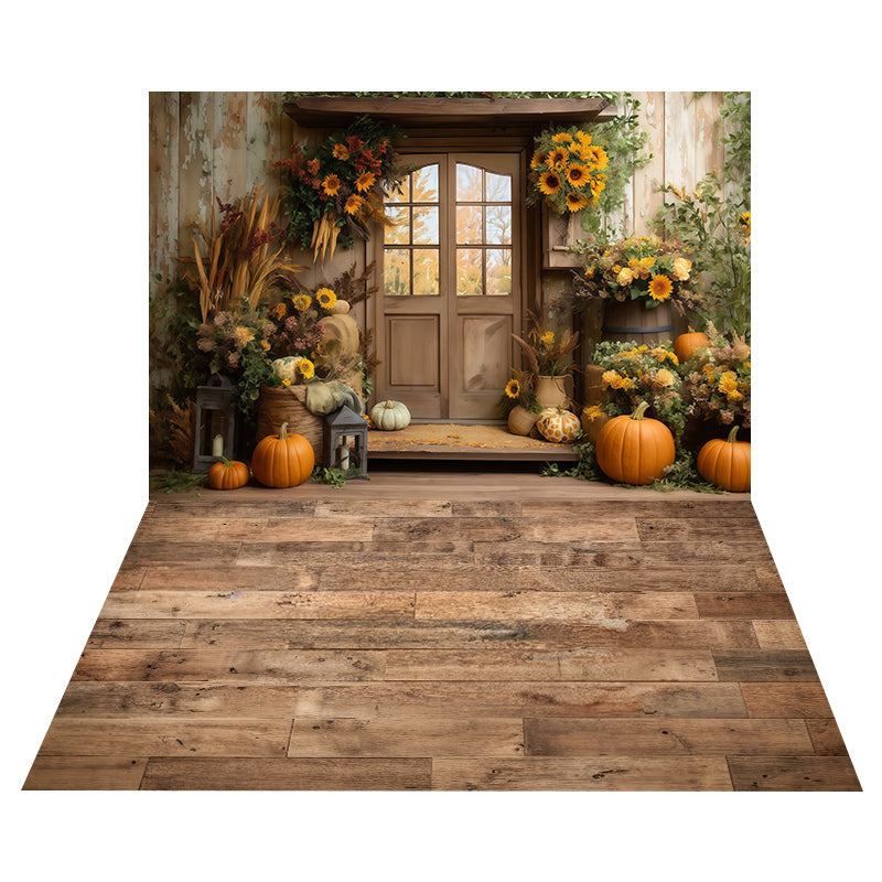 Rustic Sunflower Door Backdrop+Natural Oak Plank Floor Backdrop UK MRR8-176