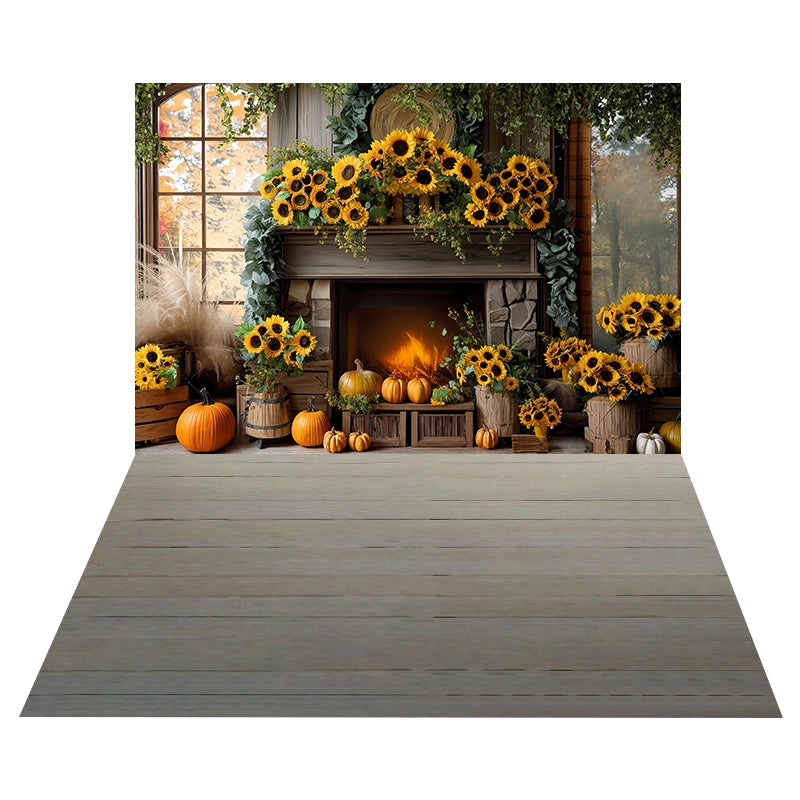 Sunflower Fireplace Decor Backdrop+Soft Gray Wooden Floor Backdrop UK MRR8-178