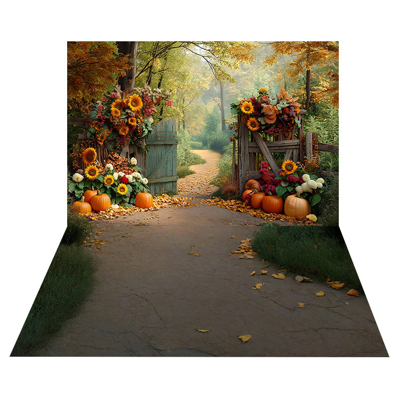 Sunflowers Rustic Gate Backdrop+Autumn Pathway Leaves Floor Backdrop UK MRR8-180