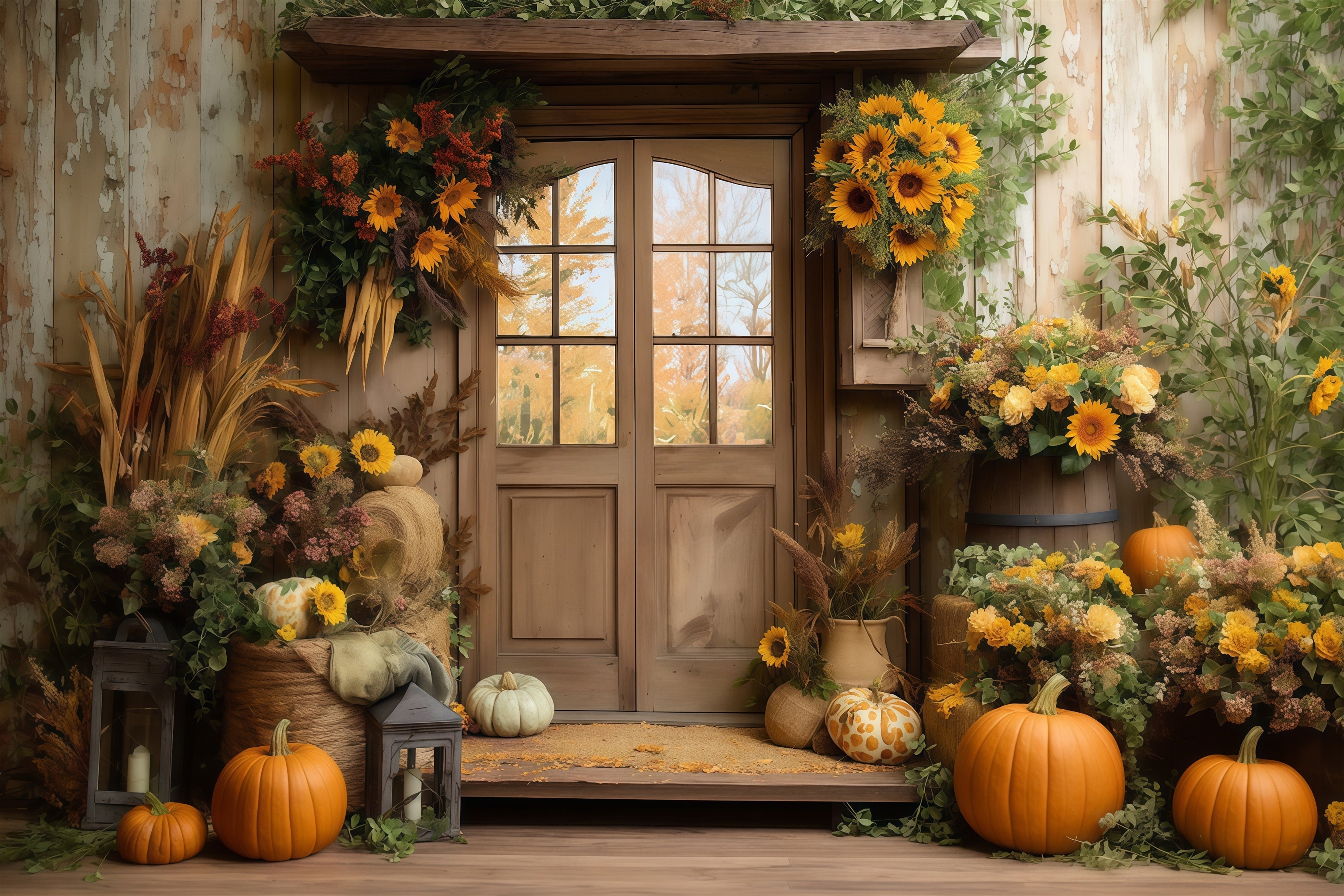 Fall Backdrop Sunflower Barn Door Pumpkin Autumn Photo Backdrop UK MRR8-181