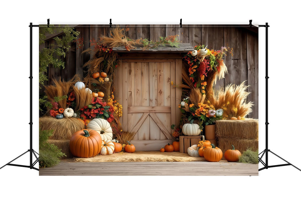 Autumn Backdrop Wood Door Pumpkin Hay Fall Photo Backdrops UK MRR8-182
