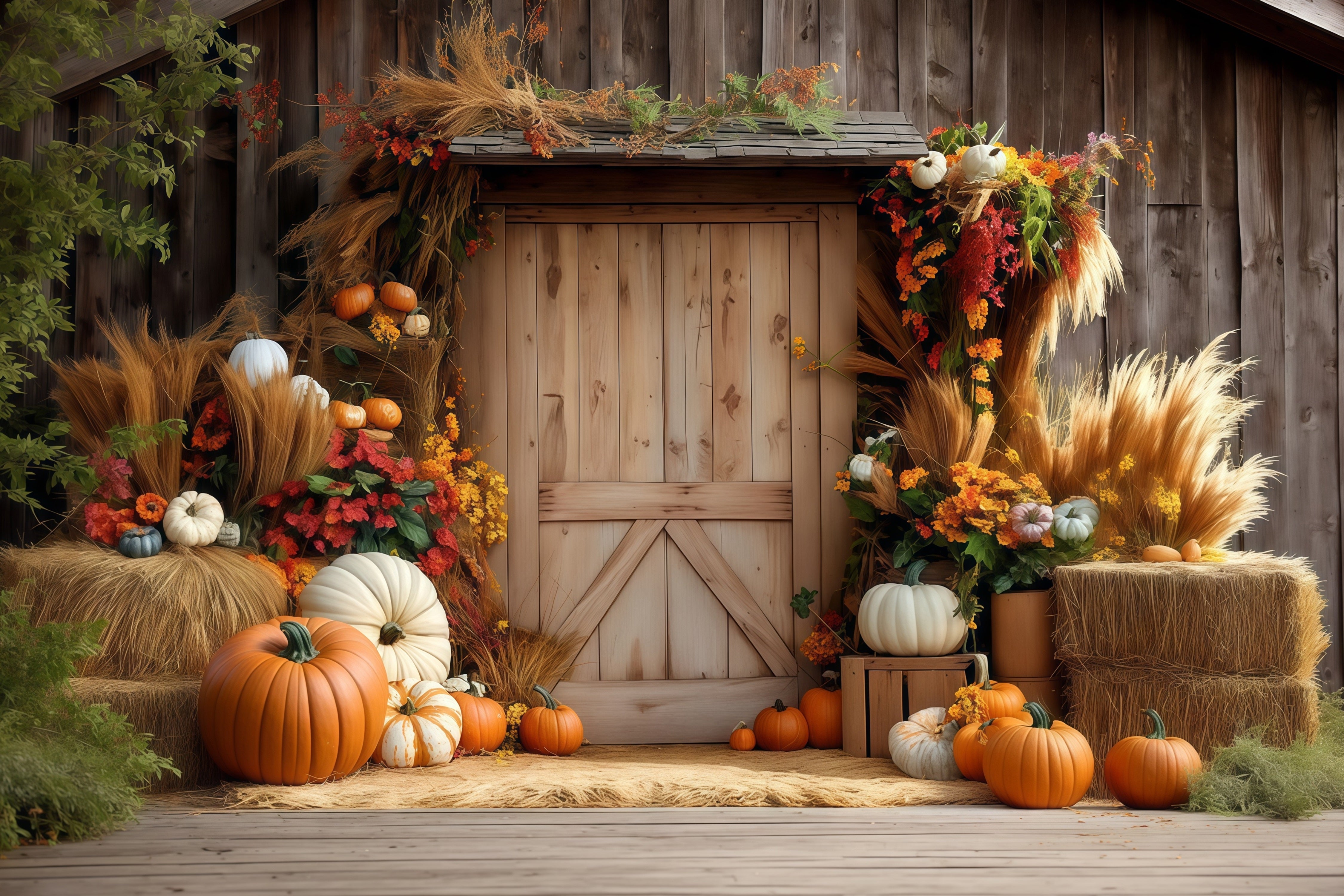 Autumn Backdrop Wood Door Pumpkin Hay Fall Photo Backdrops UK MRR8-182