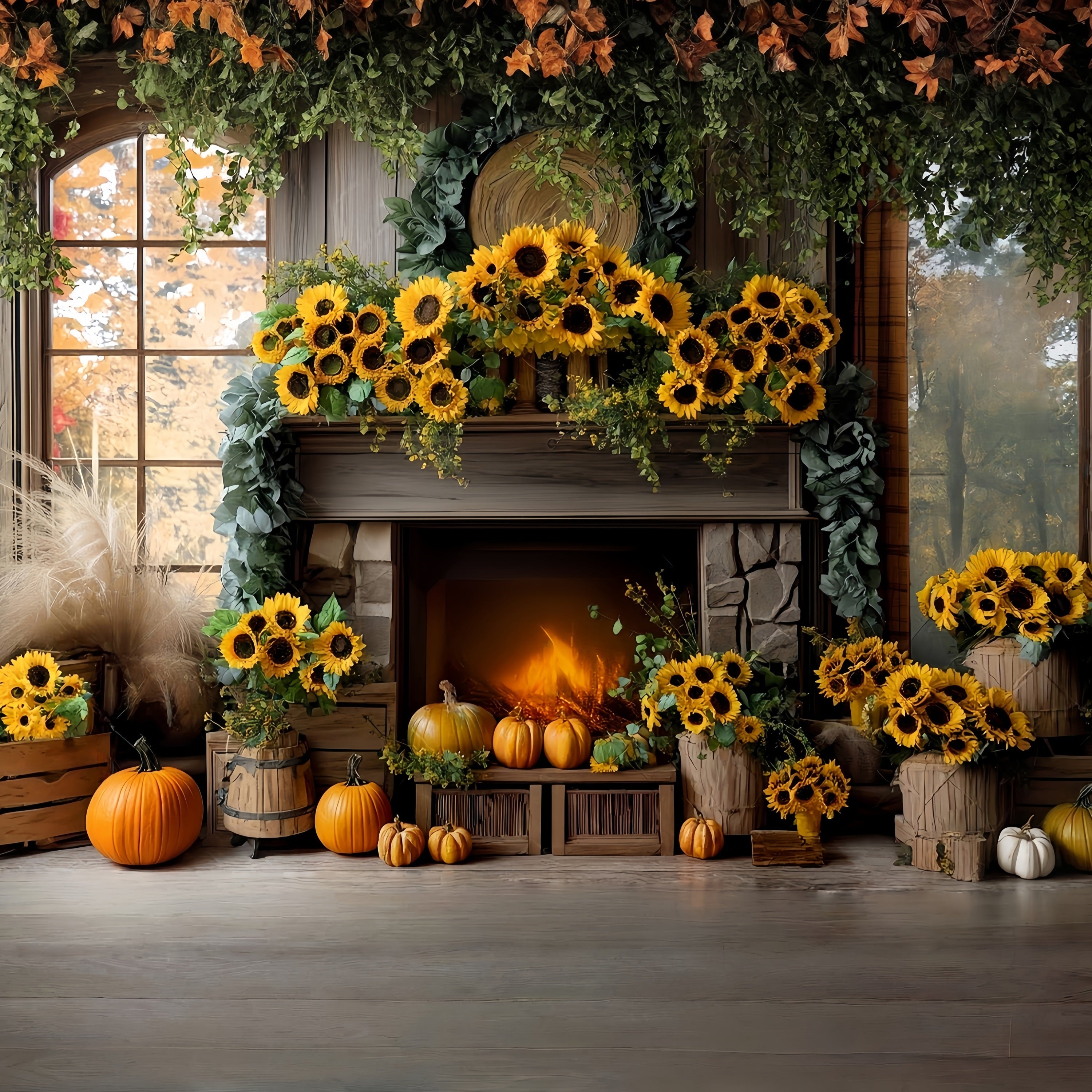 Fall Backdrop Sunflower Fireplace Door Pumpkin Autumn Fall Backdrop UK MRR8-183