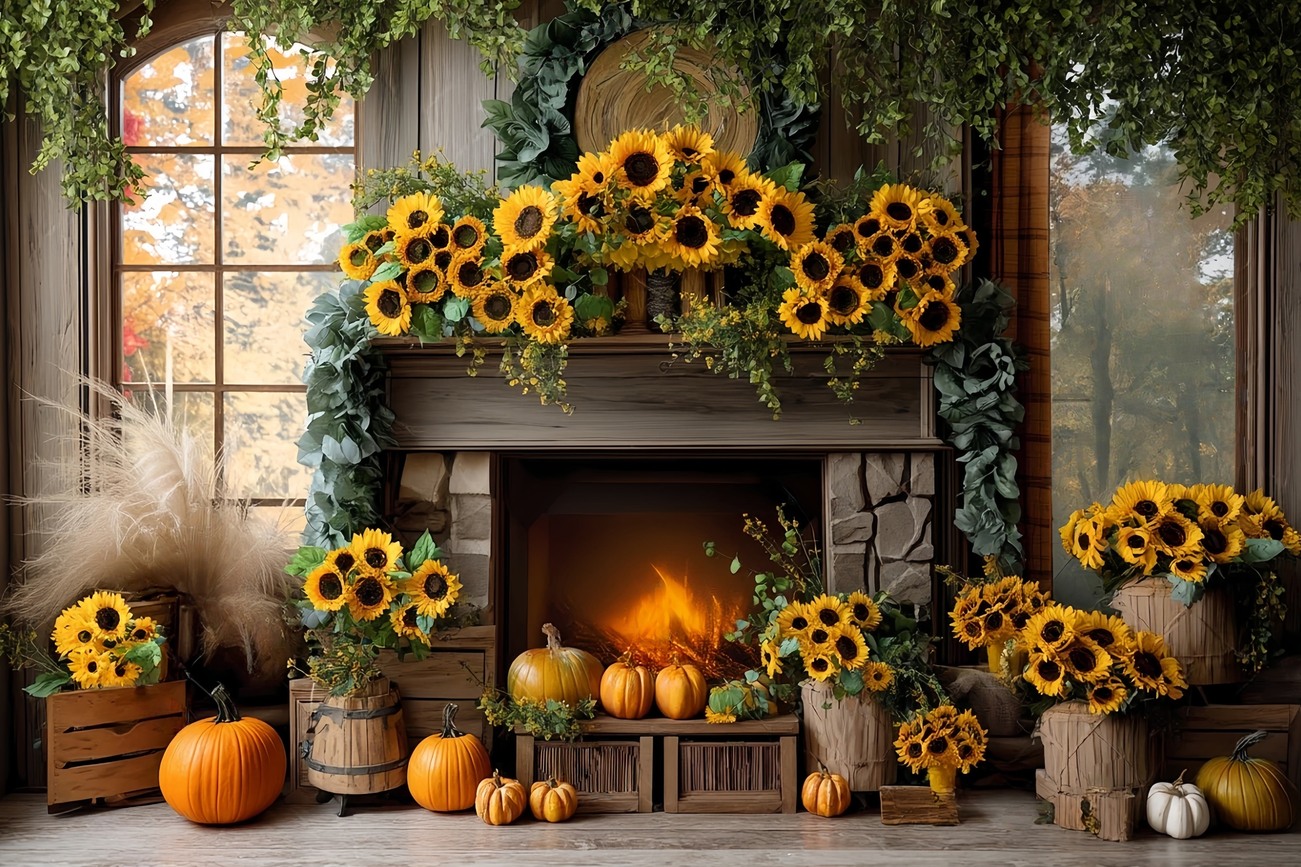 Fall Backdrop Sunflower Fireplace Door Pumpkin Autumn Fall Backdrop UK MRR8-183