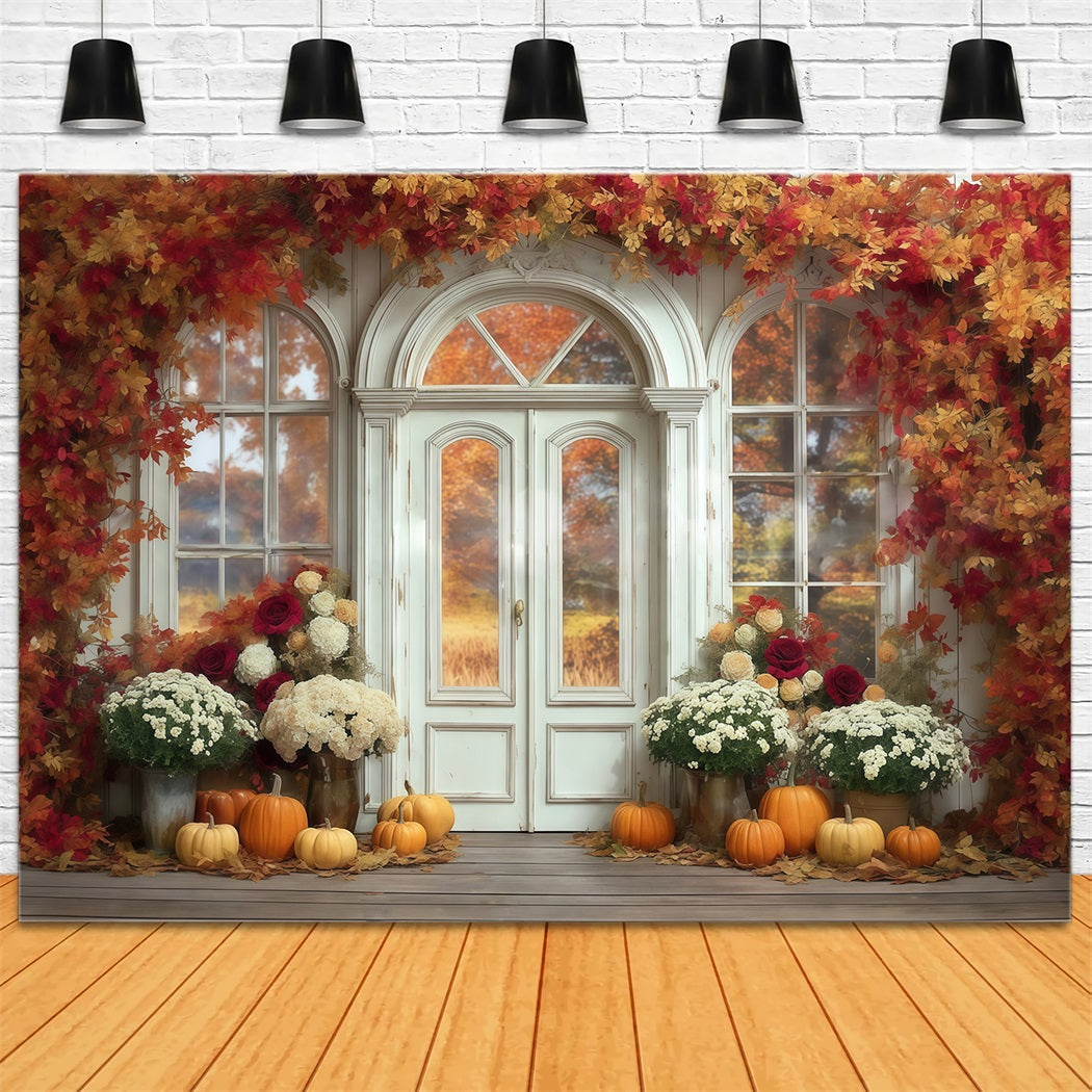Fall Leaves Backdrop Maple Arch Door Pumpkin Autumn Photo Backdrop UK MRR8-184
