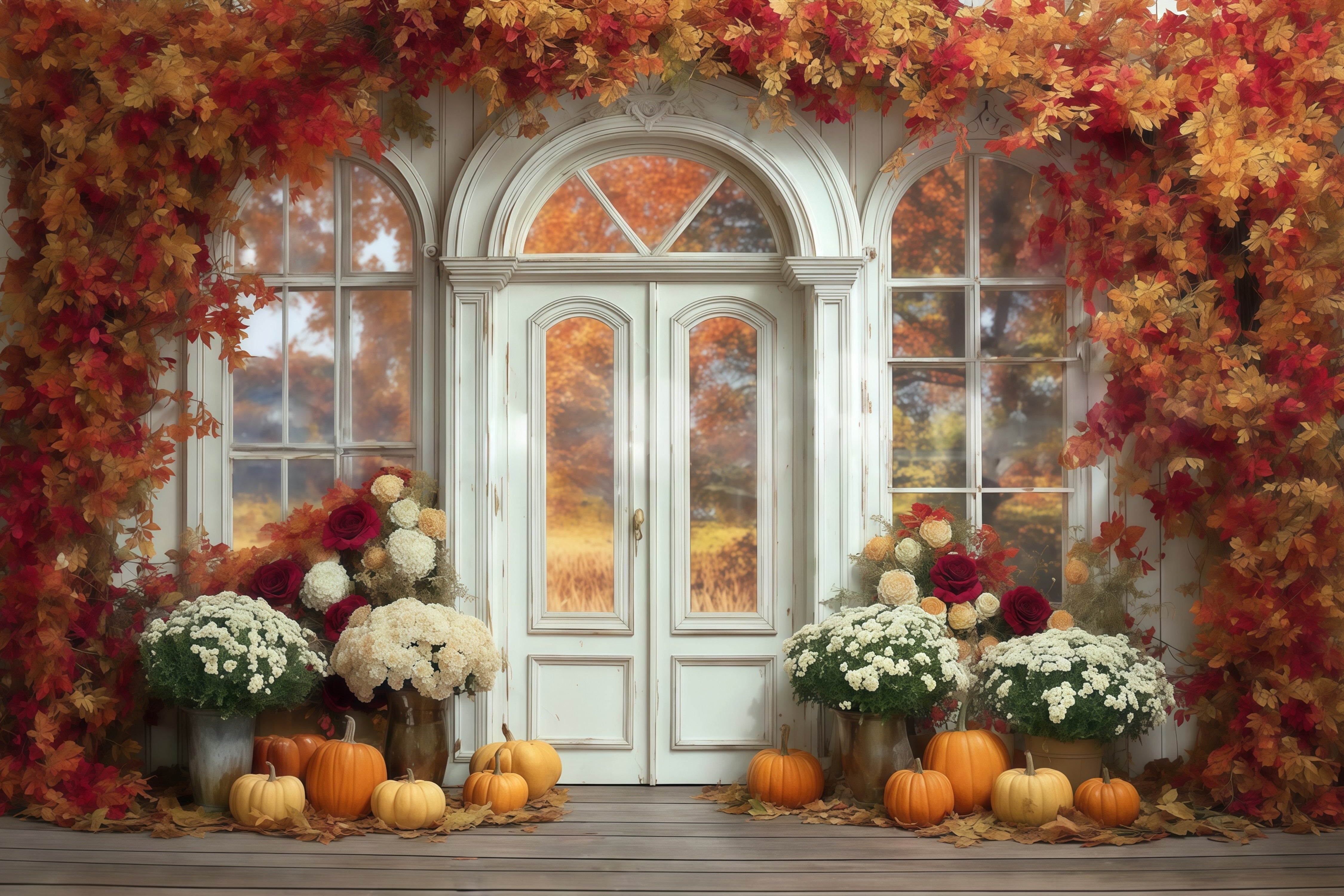 Fall Leaves Backdrop Maple Arch Door Pumpkin Autumn Photo Backdrop UK MRR8-184