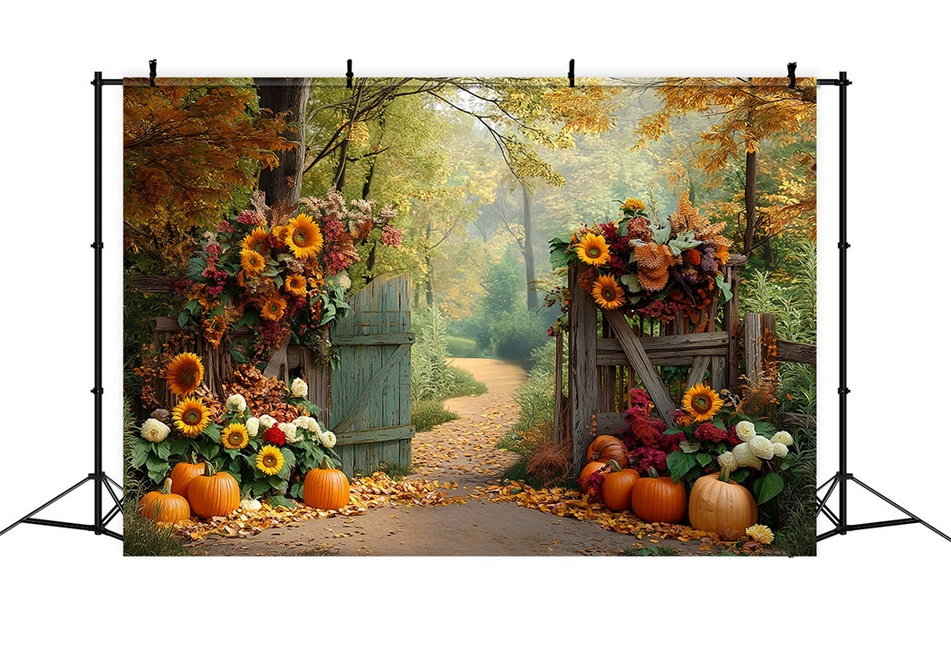 Fall Forest Backdrop Sunflower Pumpkin Path Autumn Photography Backdrops UK MRR8-185
