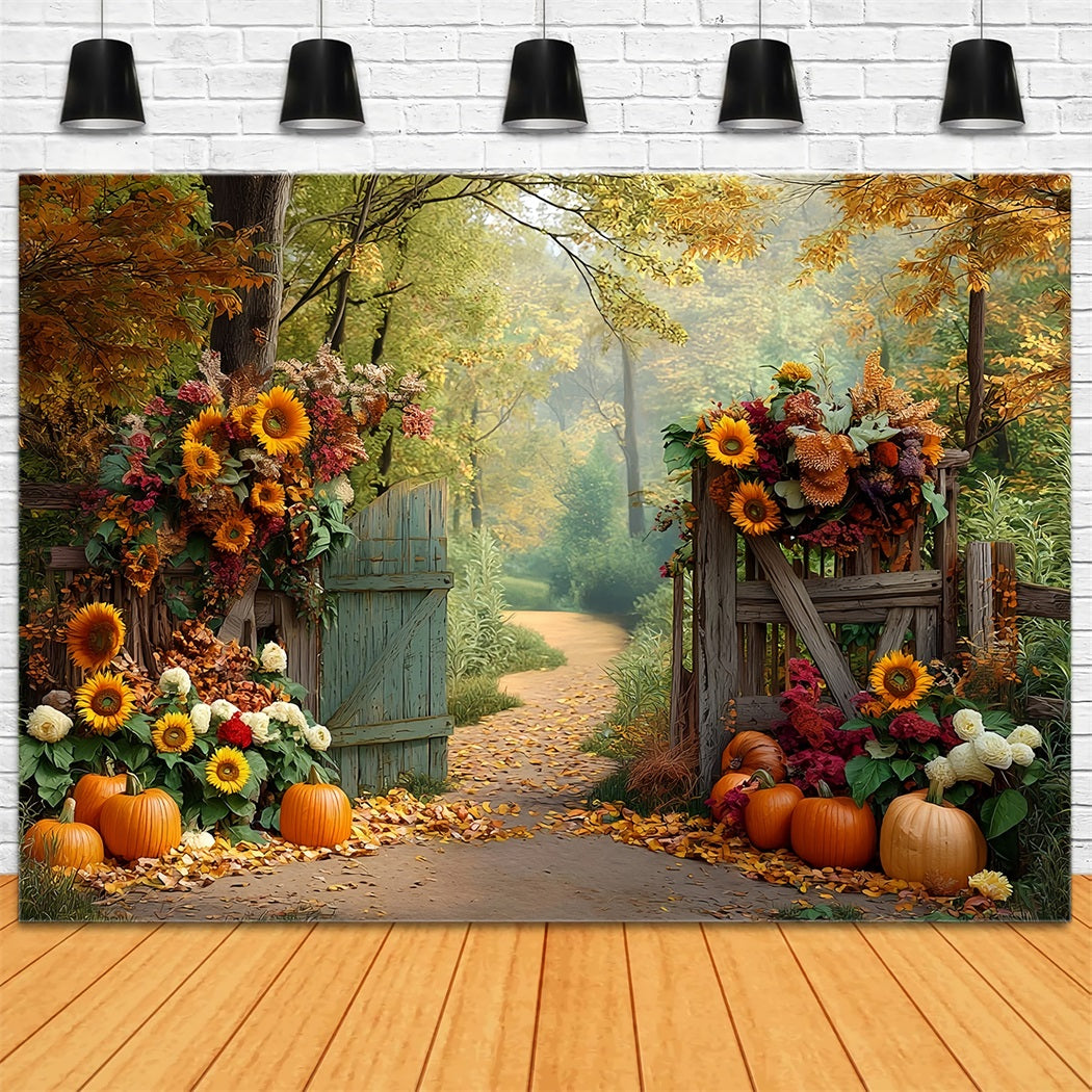 Fall Forest Backdrop Sunflower Pumpkin Path Autumn Photography Backdrops UK MRR8-185