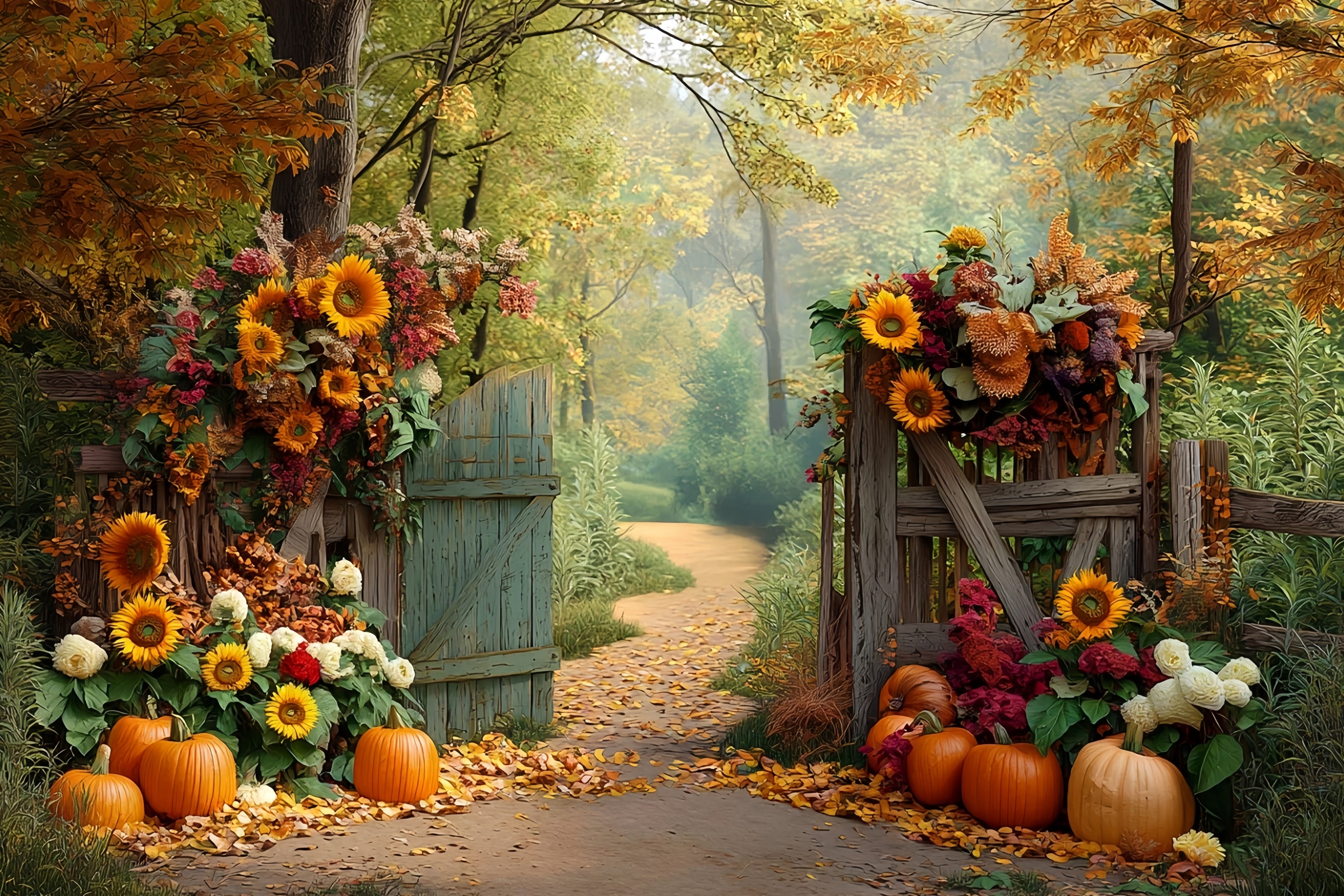 Fall Forest Backdrop Sunflower Pumpkin Path Autumn Photography Backdrops UK MRR8-185