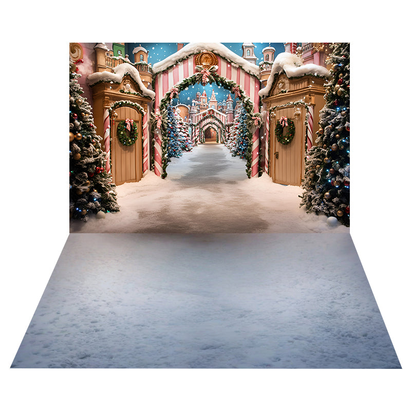 Christmas Candy Village Backdrop+Frosted Winter Floor Backdrop UK MRR8-189