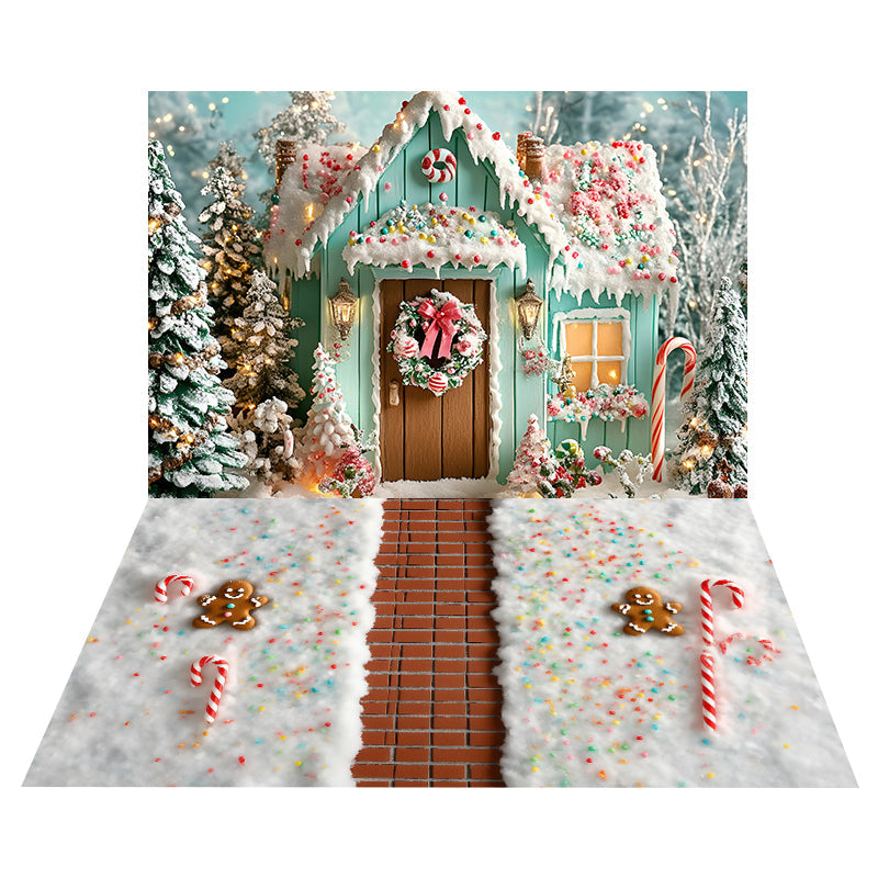 Candy Gingerbread Cottage Backdrop+Christmas Snow Floor Backdrop UK MRR8-196